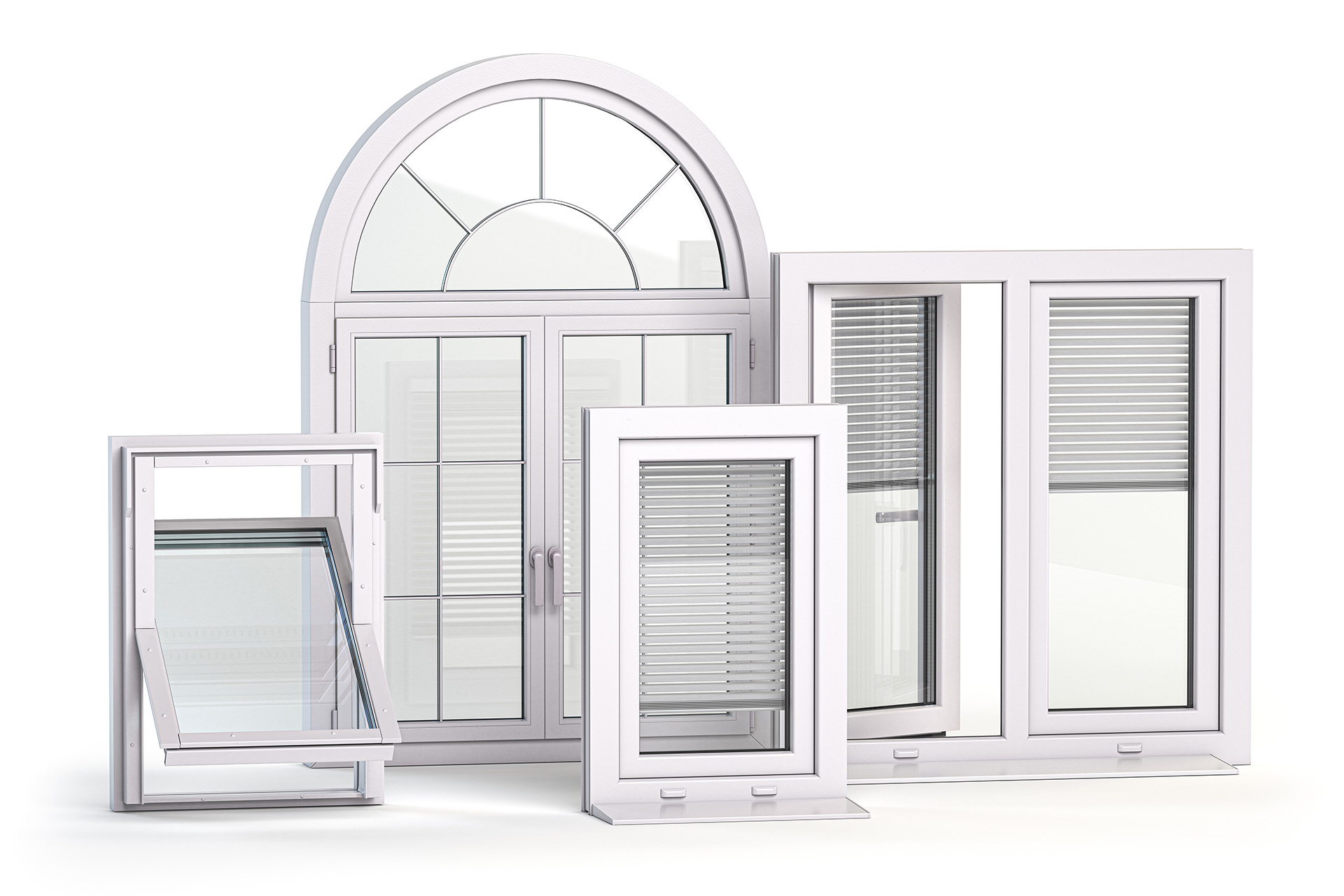 Windows of different types isolated on white. 3d illustration